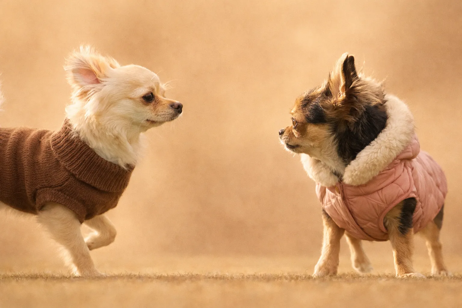 やわらかな光の中で寄り添うふたりの犬